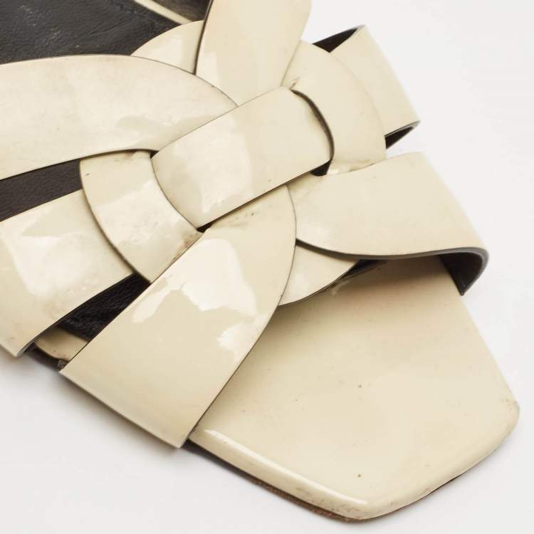 Pre Owned Saint Laurent cream Patent Leather Tribute Flat Slides Size 39.5