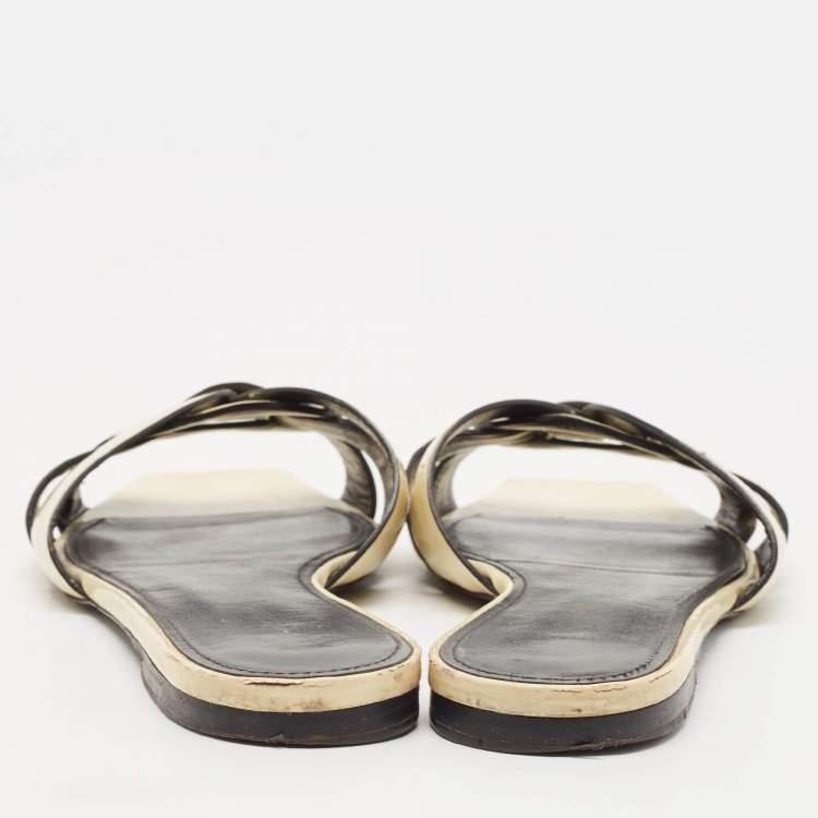 Pre Owned Saint Laurent cream Patent Leather Tribute Flat Slides Size 39.5