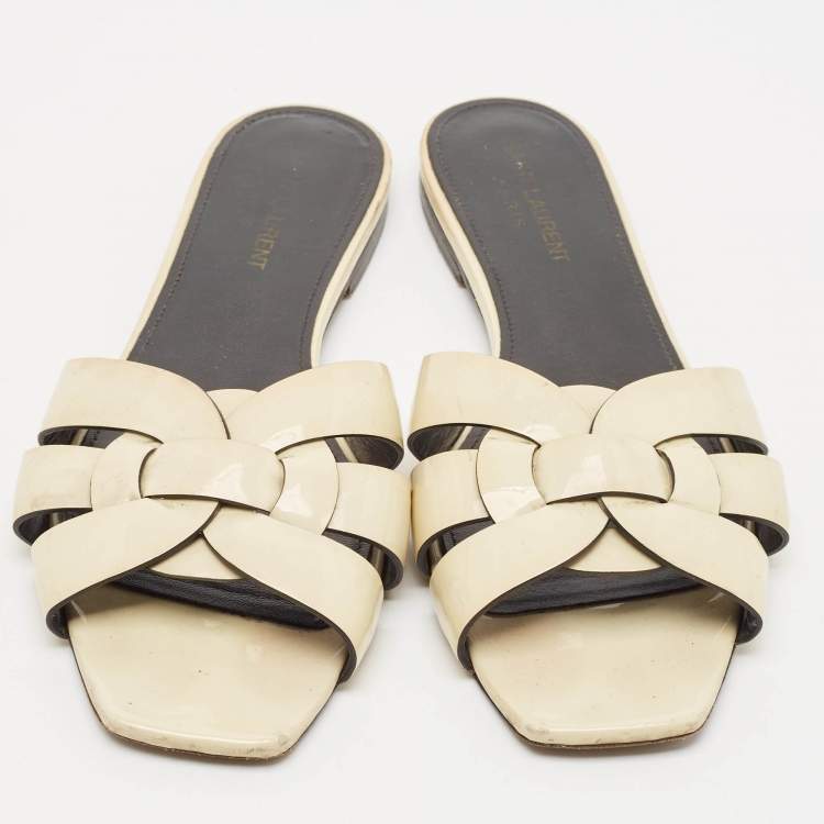 Pre Owned Saint Laurent cream Patent Leather Tribute Flat Slides Size 39.5