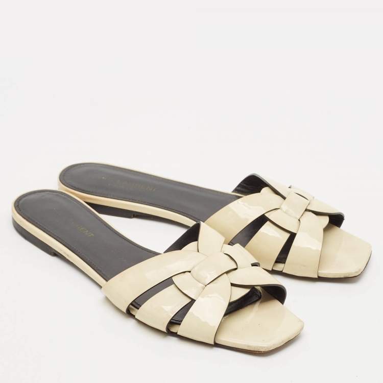 Pre Owned Saint Laurent cream Patent Leather Tribute Flat Slides Size 39.5