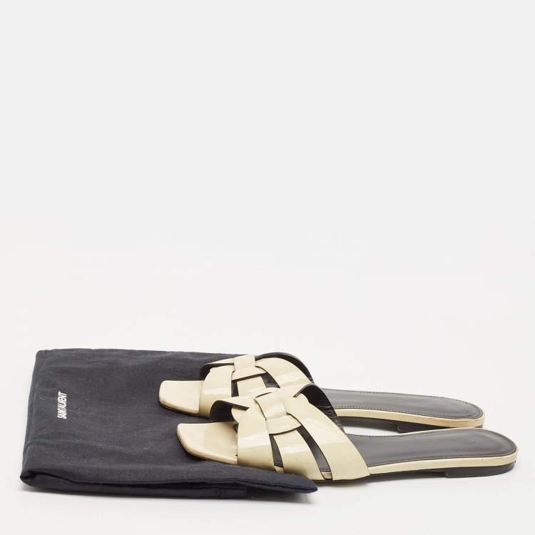 Pre Owned Saint Laurent cream Patent Leather Tribute Flat Slides Size 39.5
