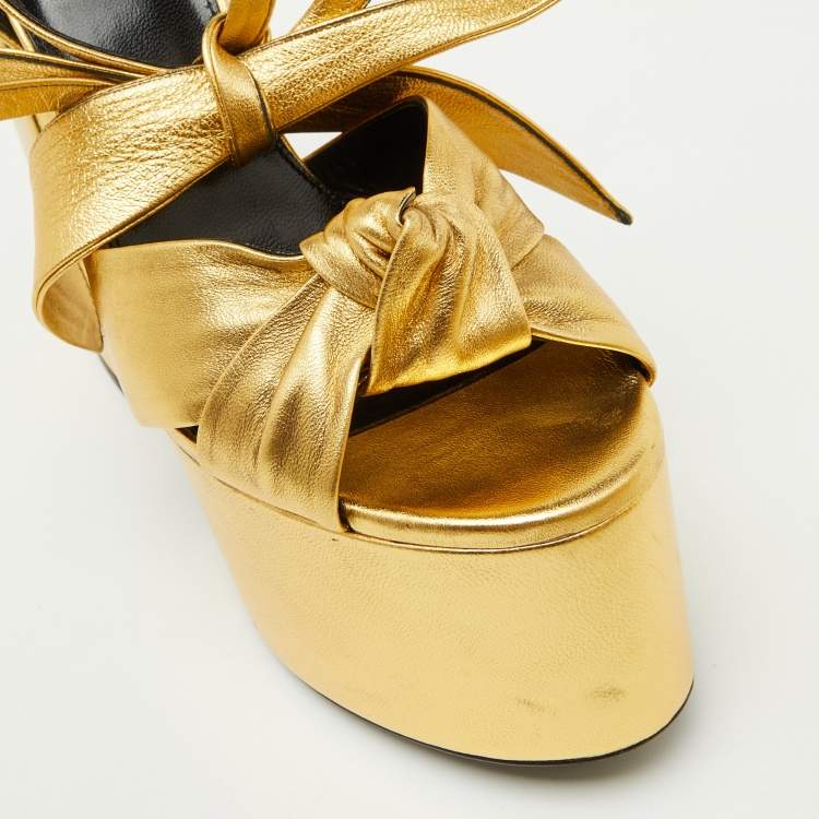 Pre Owned Saint Laurent Gold Leather Bianca Platform Sandals Size 38.5