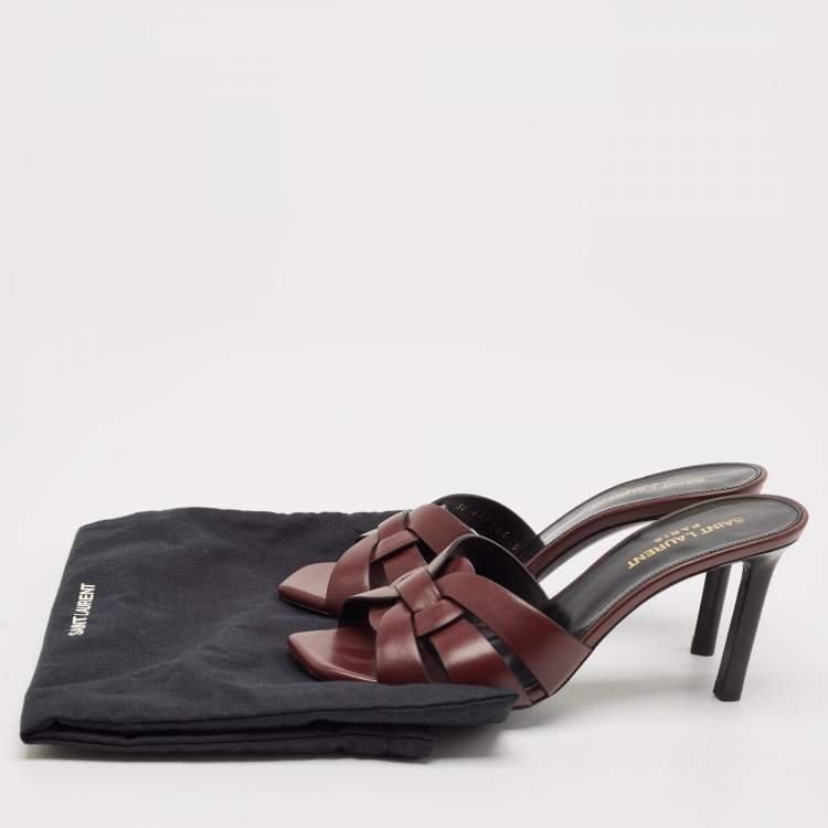 Pre Owned Saint Laurent Burgundy Leather Tribute Slides Sandals Size 36.5
