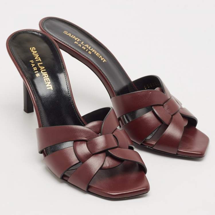 Pre Owned Saint Laurent Burgundy Leather Tribute Slides Sandals Size 36.5