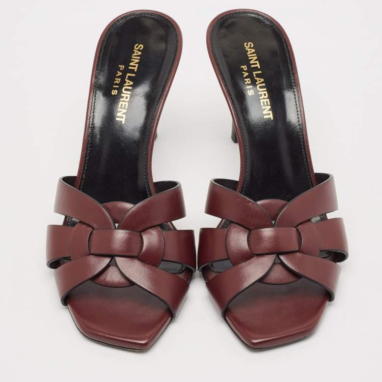Pre Owned Saint Laurent Burgundy Leather Tribute Slides Sandals Size 36.5
