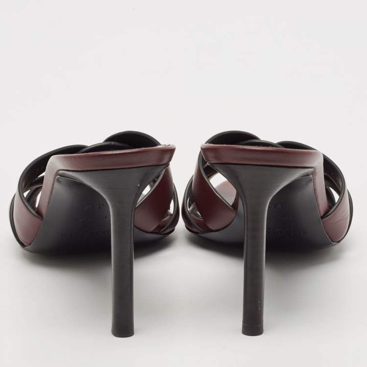 Pre Owned Saint Laurent Burgundy Leather Tribute Slides Sandals Size 36.5