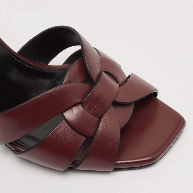 Pre Owned Saint Laurent Burgundy Leather Tribute Slides Sandals Size 36.5