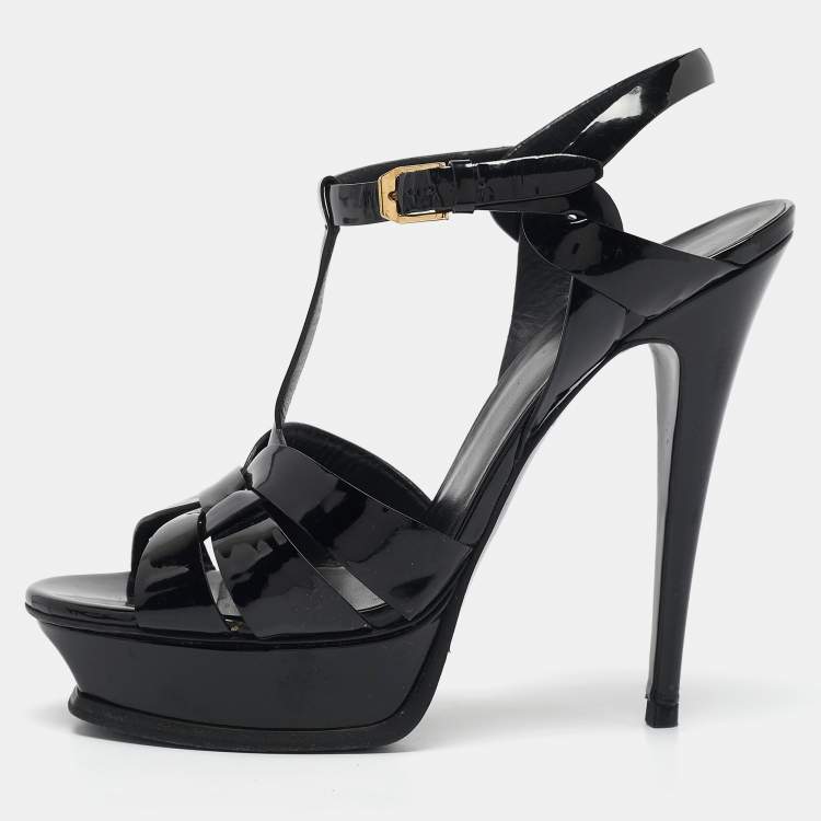 Pre Owned Saint Laurent Black Patent Leather Tribute Platform Ankle Strap Sandals Size 40