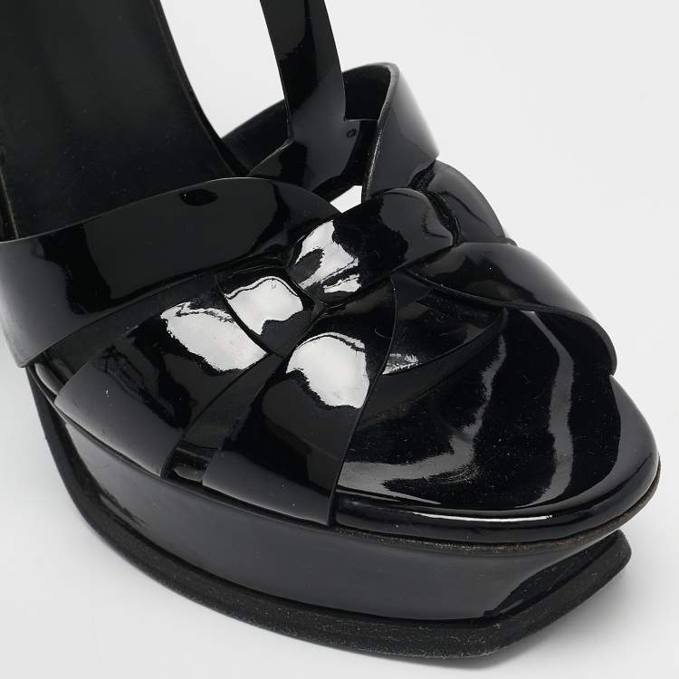 Pre Owned Saint Laurent Black Patent Leather Tribute Platform Ankle Strap Sandals Size 40