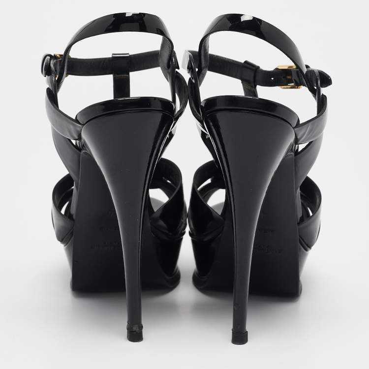Pre Owned Saint Laurent Black Patent Leather Tribute Platform Ankle Strap Sandals Size 40