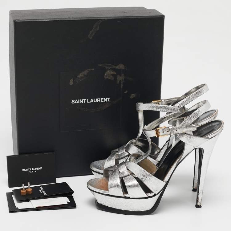 Pre Owned Saint Laurent Silver Leather Tribute Platform Sandals Size 40