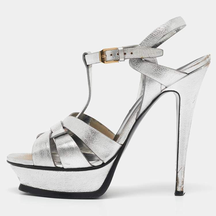 Pre Owned Saint Laurent Silver Leather Tribute Platform Sandals Size 40