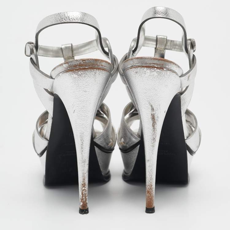 Pre Owned Saint Laurent Silver Leather Tribute Platform Sandals Size 40