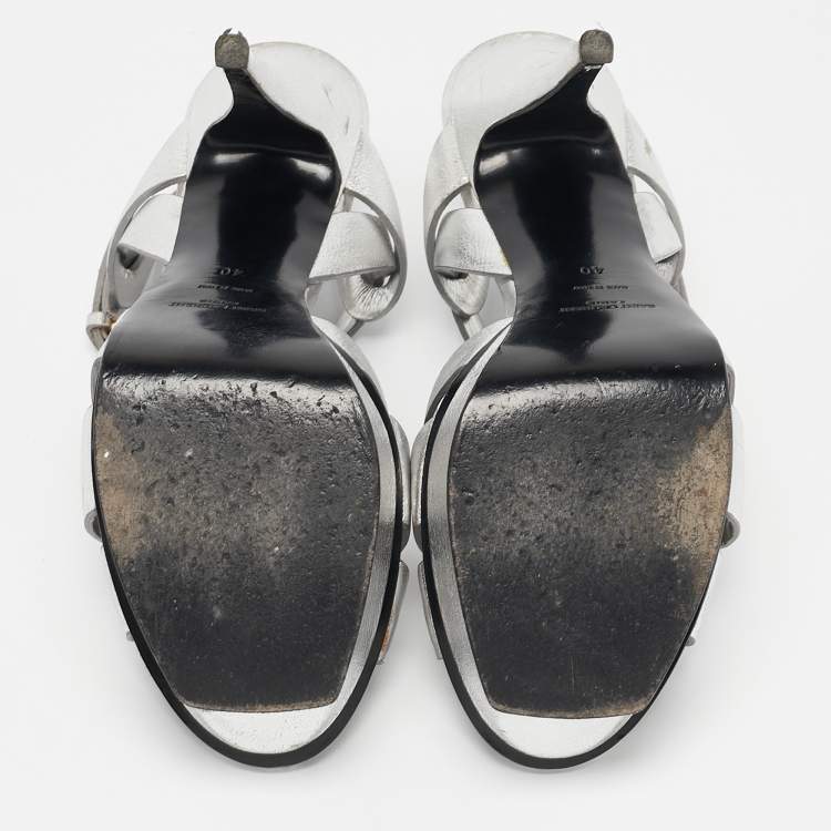 Pre Owned Saint Laurent Silver Leather Tribute Platform Sandals Size 40
