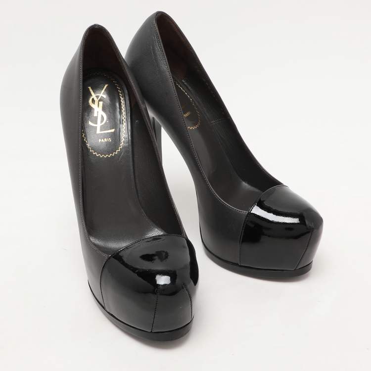 Pre Owned Saint Laurent Paris Grey/Black Leather Tribtoo Platform Pumps Size 38