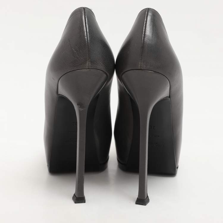 Pre Owned Saint Laurent Paris Grey/Black Leather Tribtoo Platform Pumps Size 38