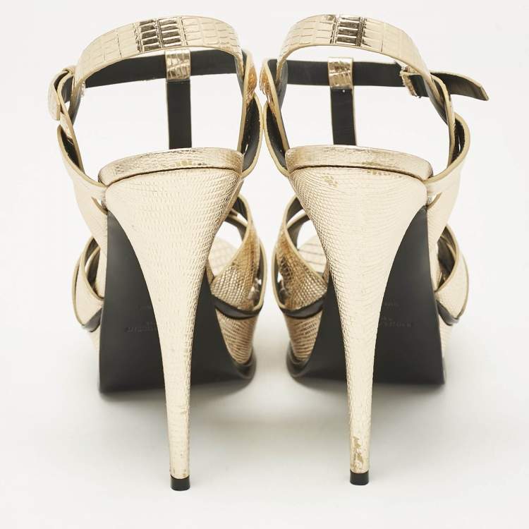 Pre Owned Saint Laurent Gold Lizard Embossed Leather Tribute Ankle Strap Sandals Size 41
