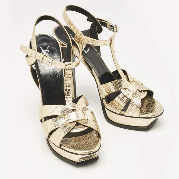 Pre Owned Saint Laurent Gold Lizard Embossed Leather Tribute Ankle Strap Sandals Size 41