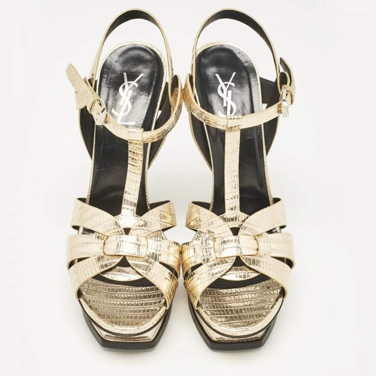 Pre Owned Saint Laurent Gold Lizard Embossed Leather Tribute Ankle Strap Sandals Size 41