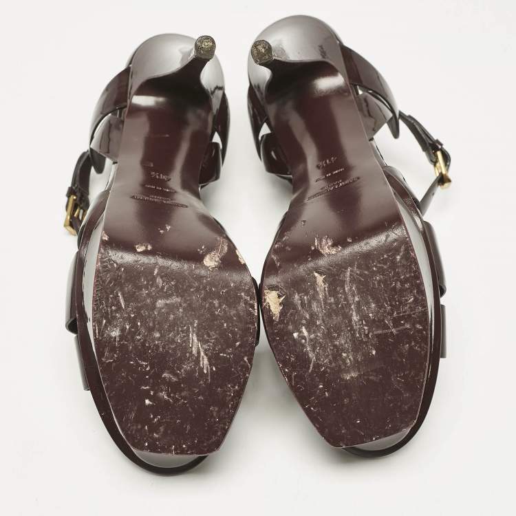 مملوكة مسبقًا Saint Laurent Burgundy Patent Leather Tribute Ankle Strap Sandals Size 41.5