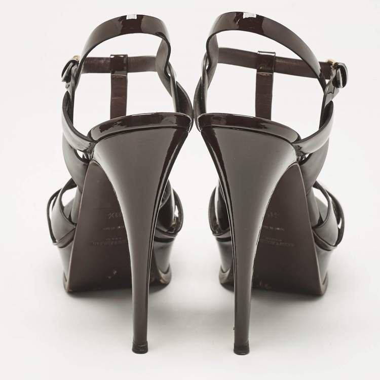 مملوكة مسبقًا Saint Laurent Burgundy Patent Leather Tribute Ankle Strap Sandals Size 41.5