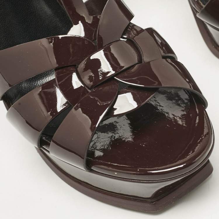 مملوكة مسبقًا Saint Laurent Burgundy Patent Leather Tribute Ankle Strap Sandals Size 41.5