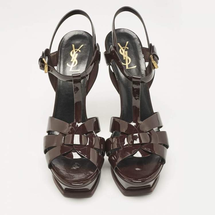 مملوكة مسبقًا Saint Laurent Burgundy Patent Leather Tribute Ankle Strap Sandals Size 41.5