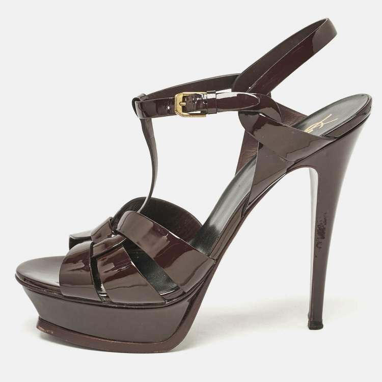 مملوكة مسبقًا Saint Laurent Burgundy Patent Leather Tribute Ankle Strap Sandals Size 41.5