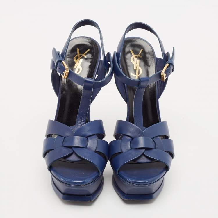 Pre Owned Saint Laurent Blue Leather Tribute Platform Ankle Strap Sandals Size 35.5