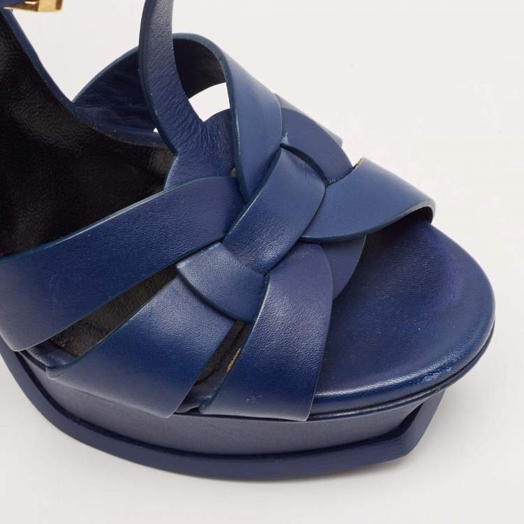 Pre Owned Saint Laurent Blue Leather Tribute Platform Ankle Strap Sandals Size 35.5