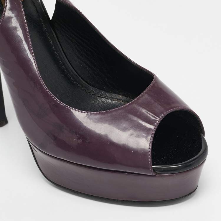 Pre Owned Saint Laurent Purple Patent Leather Peep Toe Platform Slingback Pumps Size 39 