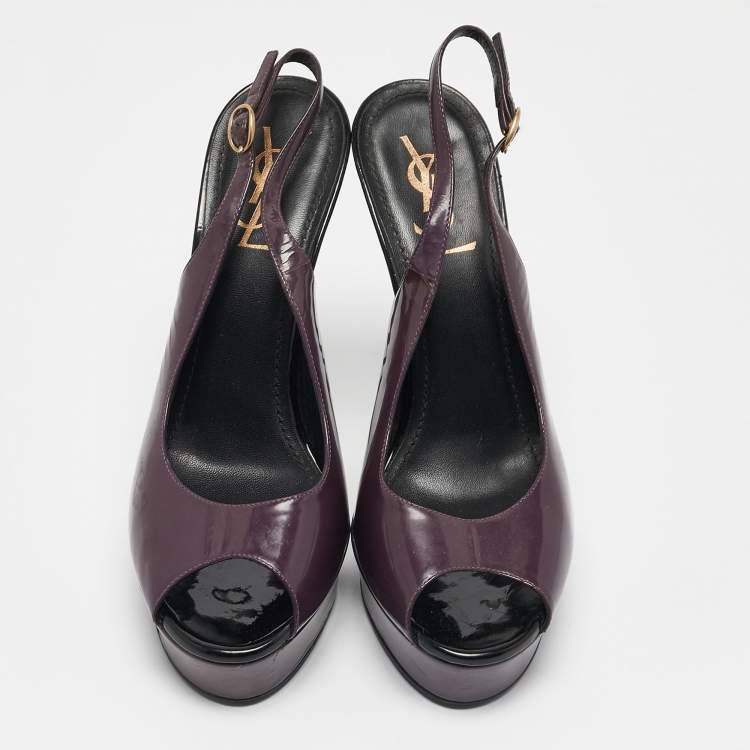 Pre Owned Saint Laurent Purple Patent Leather Peep Toe Platform Slingback Pumps Size 39 