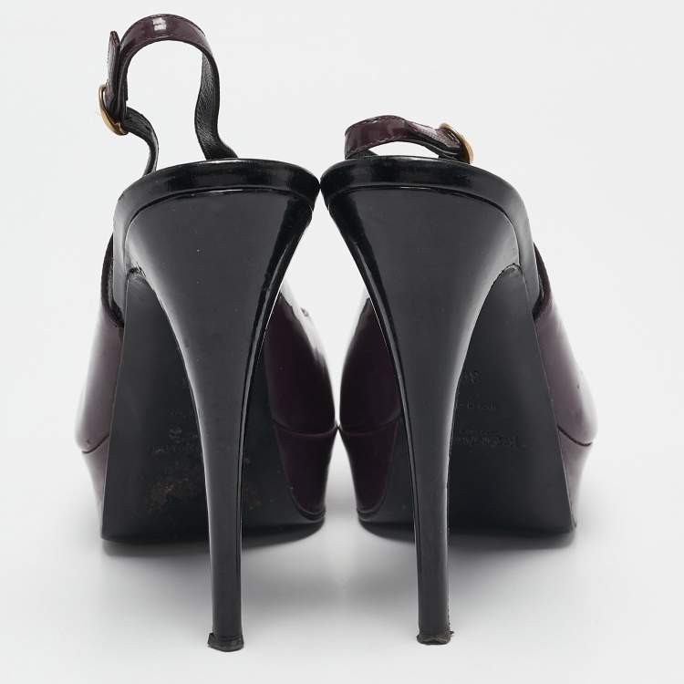 Pre Owned Saint Laurent Purple Patent Leather Peep Toe Platform Slingback Pumps Size 39 