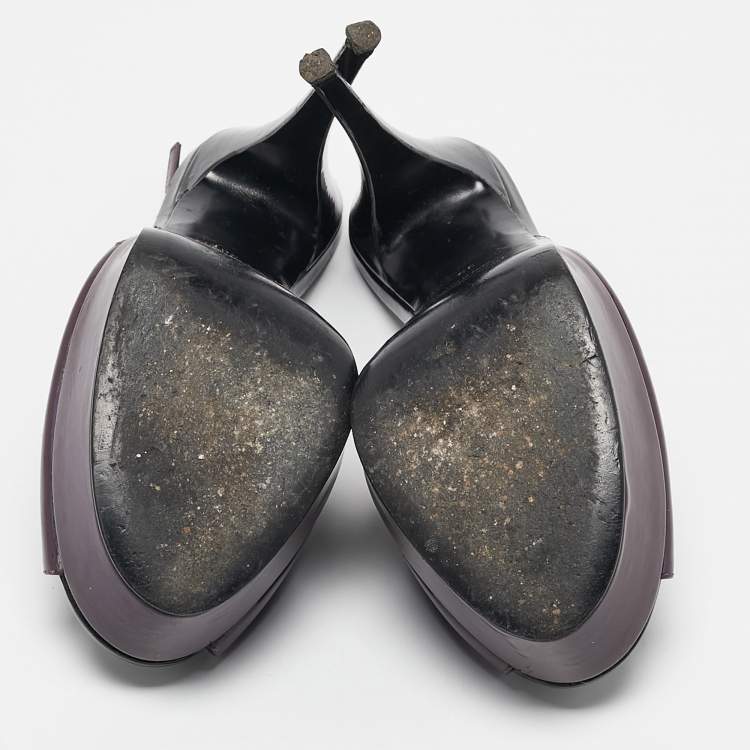 Pre Owned Saint Laurent Purple Patent Leather Peep Toe Platform Slingback Pumps Size 39 