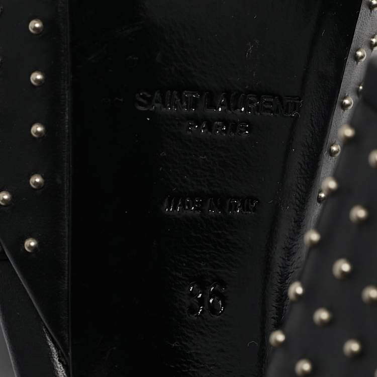 Pre Owned Saint Laurent Black Leather Studded Farrah Criss Cross Platform Sandals Size 36