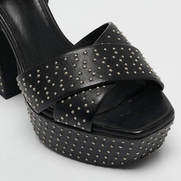 Pre Owned Saint Laurent Black Leather Studded Farrah Criss Cross Platform Sandals Size 36