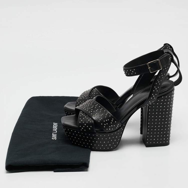 Pre Owned Saint Laurent Black Leather Studded Farrah Criss Cross Platform Sandals Size 36
