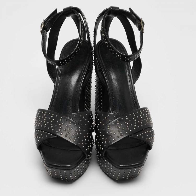 Pre Owned Saint Laurent Black Leather Studded Farrah Criss Cross Platform Sandals Size 36
