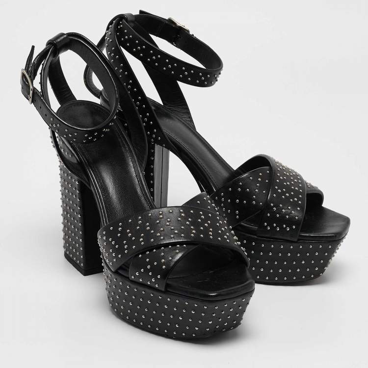 Pre Owned Saint Laurent Black Leather Studded Farrah Criss Cross Platform Sandals Size 36