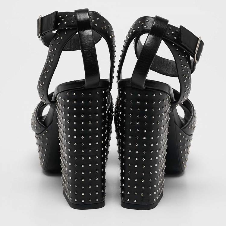 Pre Owned Saint Laurent Black Leather Studded Farrah Criss Cross Platform Sandals Size 36
