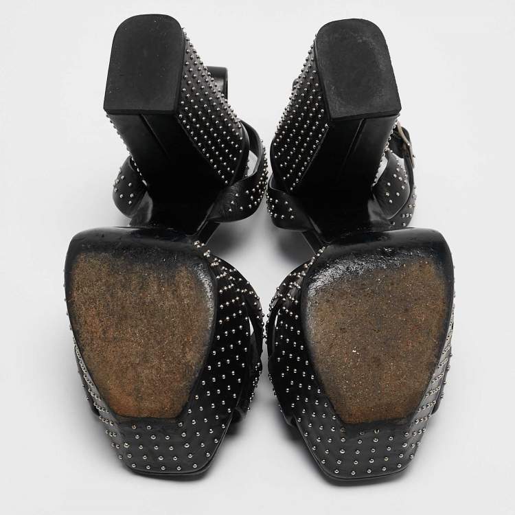 Pre Owned Saint Laurent Black Leather Studded Farrah Criss Cross Platform Sandals Size 36