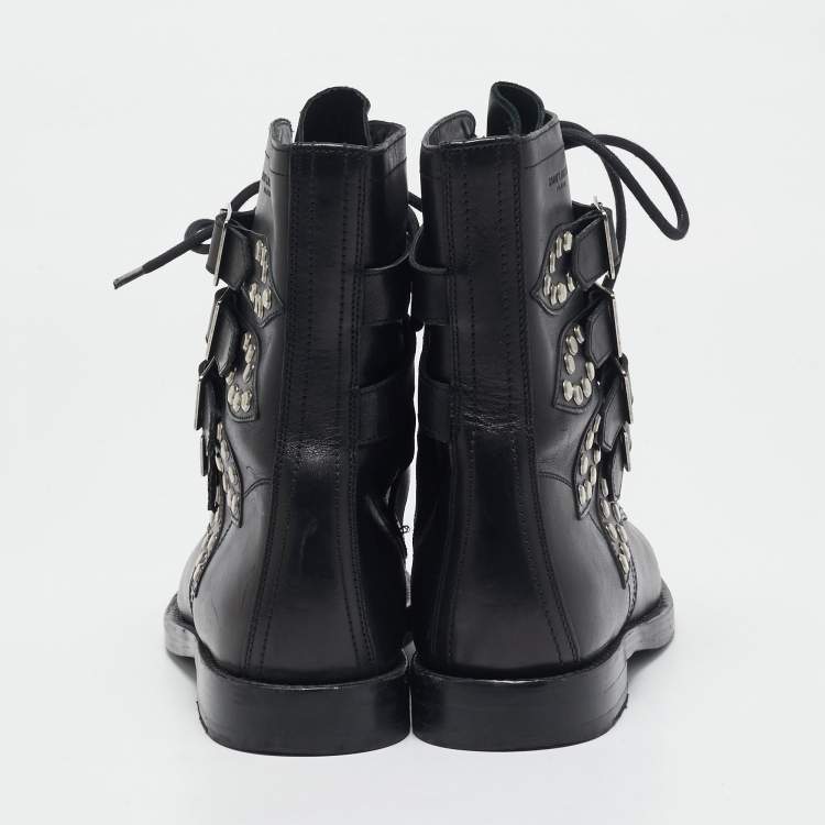 Pre Owned Saint Laurent Black Leather Studded Rangers Ankle Boots Size 40