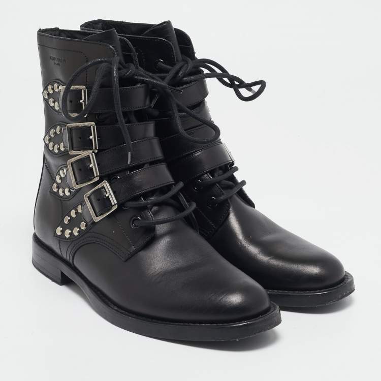 Pre Owned Saint Laurent Black Leather Studded Rangers Ankle Boots Size 40