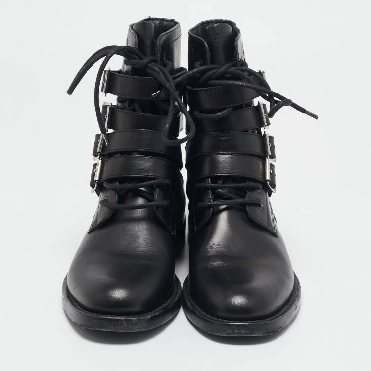 Pre Owned Saint Laurent Black Leather Studded Rangers Ankle Boots Size 40