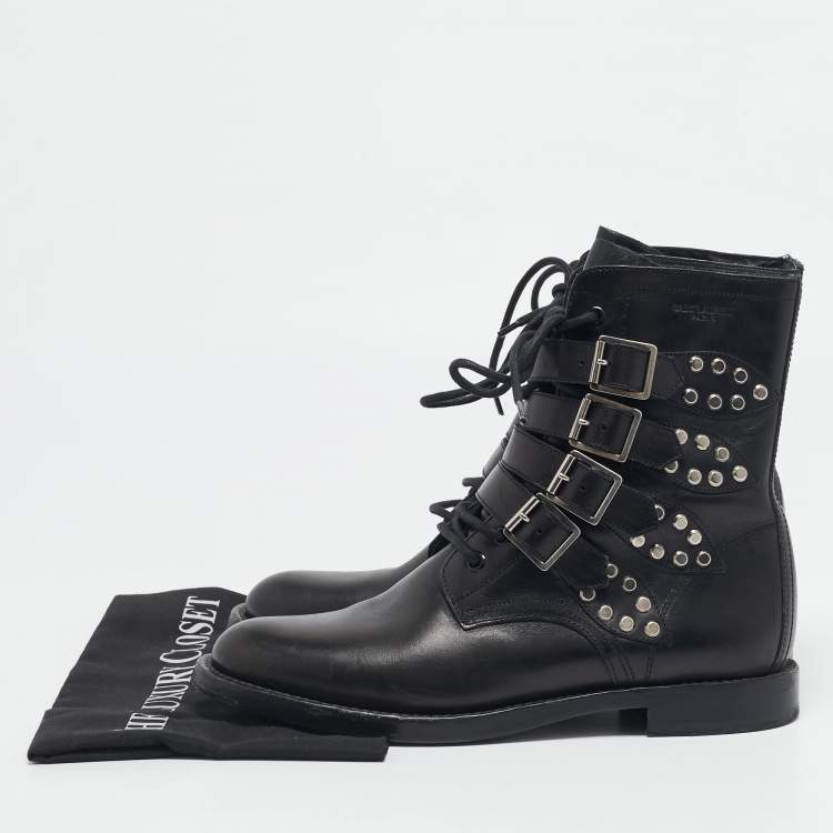 Pre Owned Saint Laurent Black Leather Studded Rangers Ankle Boots Size 40