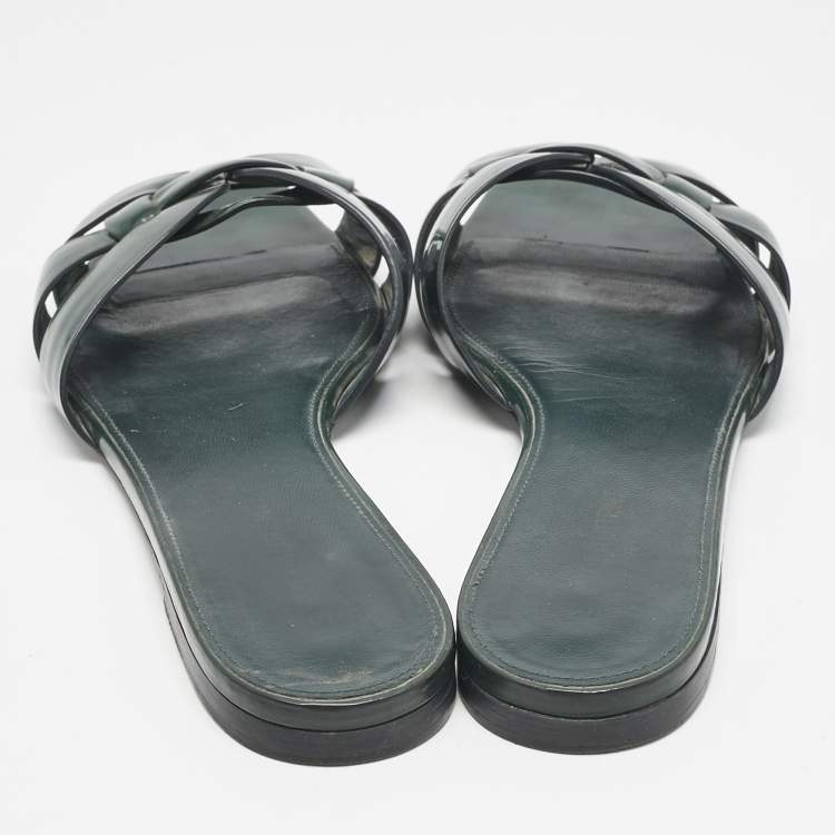 Pre Owned Saint Laurent Dark Green Patent Tribute Flat Slides Size 40.5