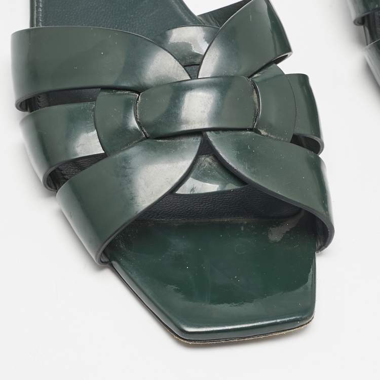 Pre Owned Saint Laurent Dark Green Patent Tribute Flat Slides Size 40.5