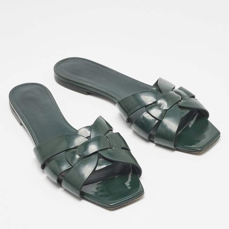 Pre Owned Saint Laurent Dark Green Patent Tribute Flat Slides Size 40.5