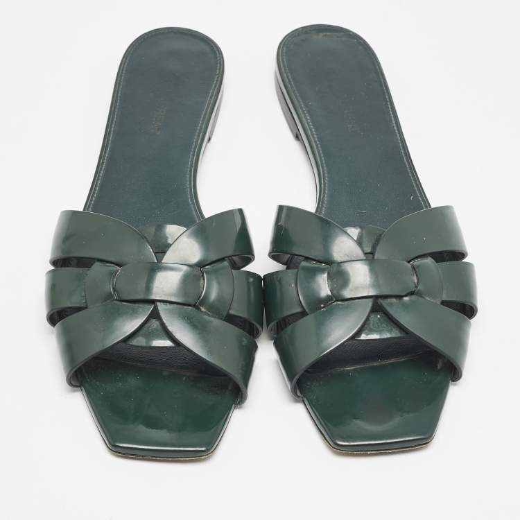 Pre Owned Saint Laurent Dark Green Patent Tribute Flat Slides Size 40.5