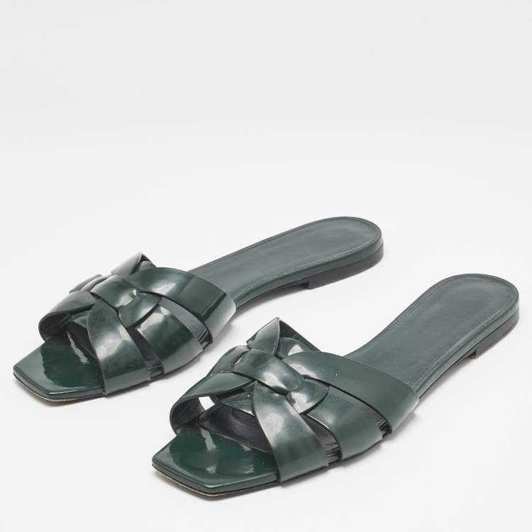 Pre Owned Saint Laurent Dark Green Patent Tribute Flat Slides Size 40.5